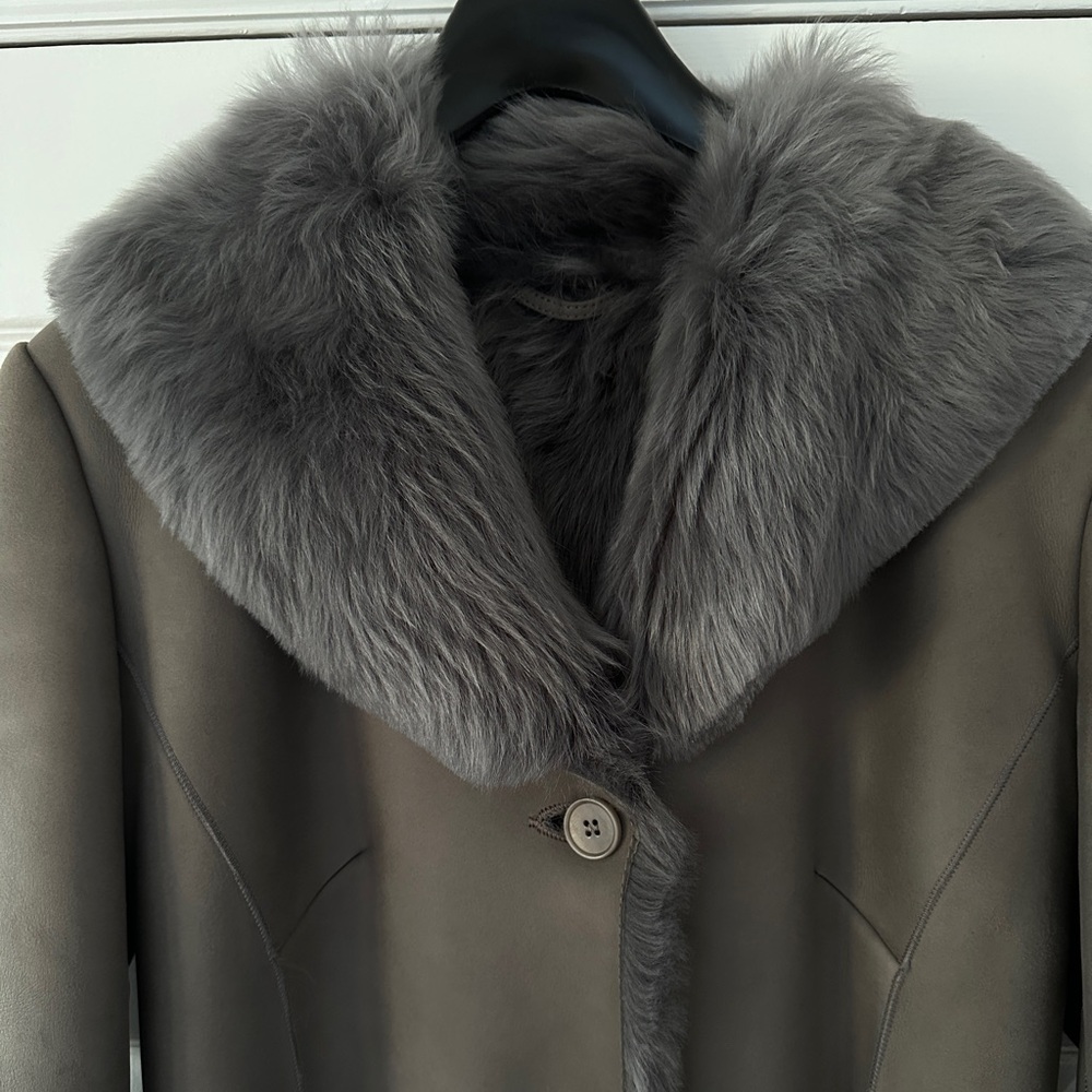 Reiss Gray Grey (Opium) Teddy Jacket with Fur Collar Button Front